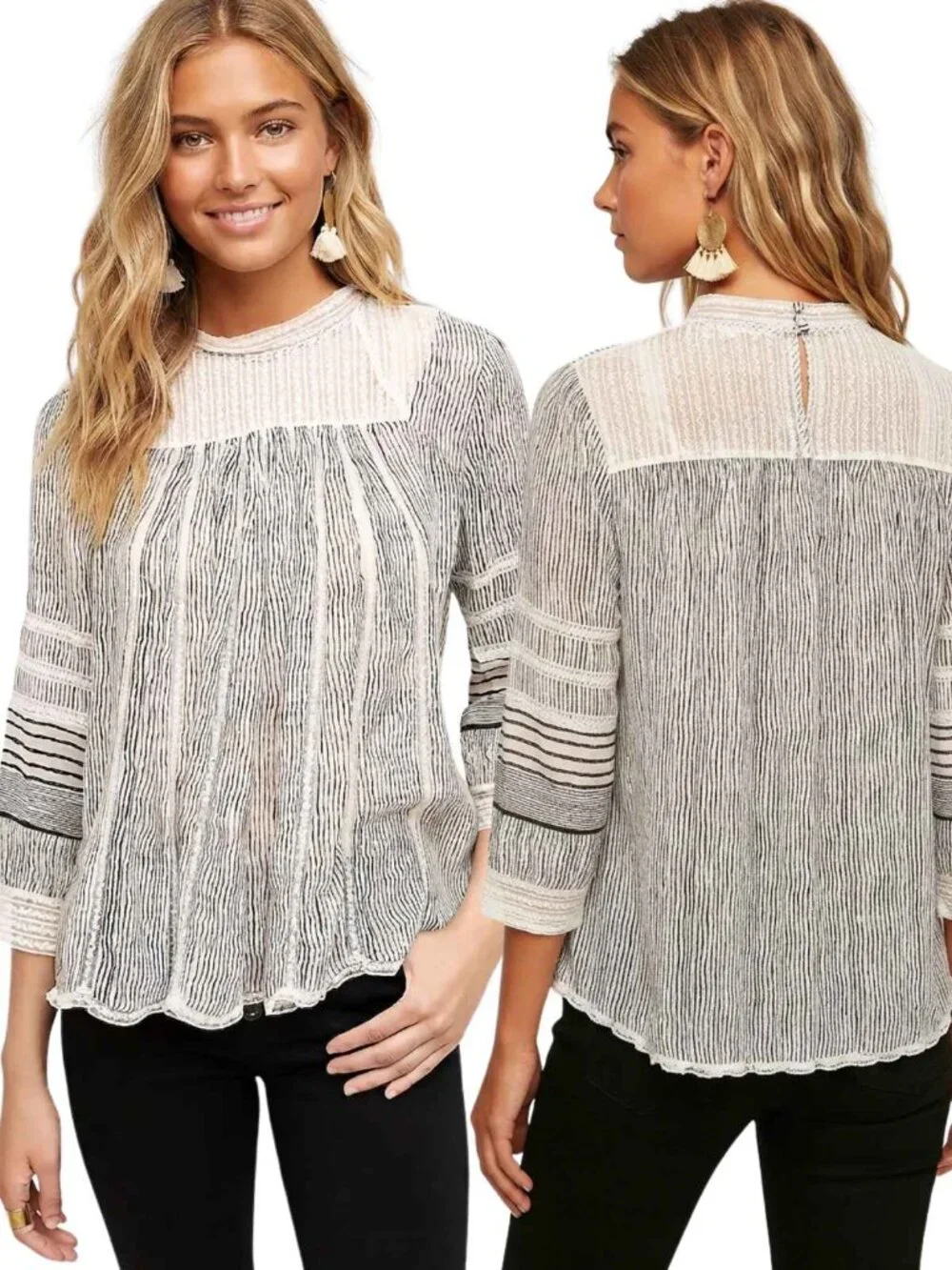 Anthropologie Floreat Black Reina Pleated Lace Striped Blouse Large 39636